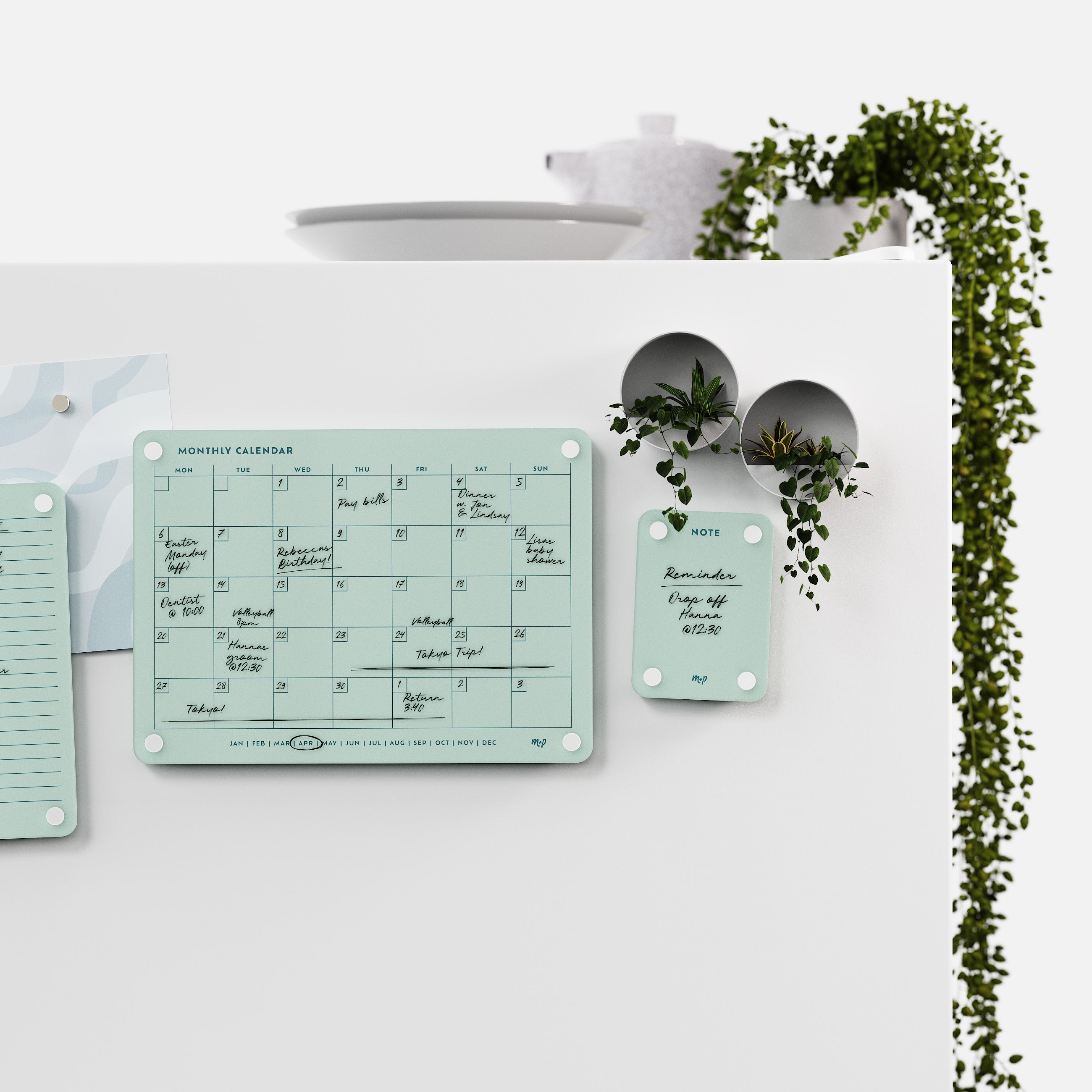 Seafoam green monthly calendar and note board on a white kitchen wall with magnetic planters and trailing ivy